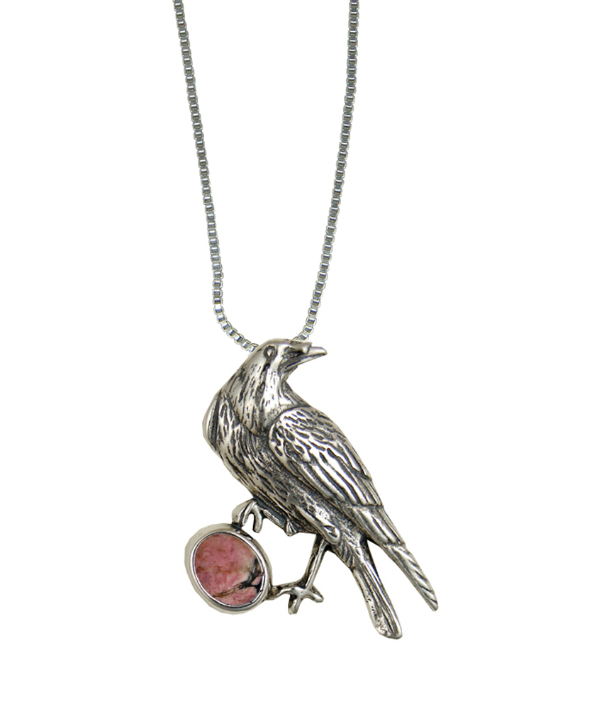 Sterling Silver Raven Pendant With Rhodonite